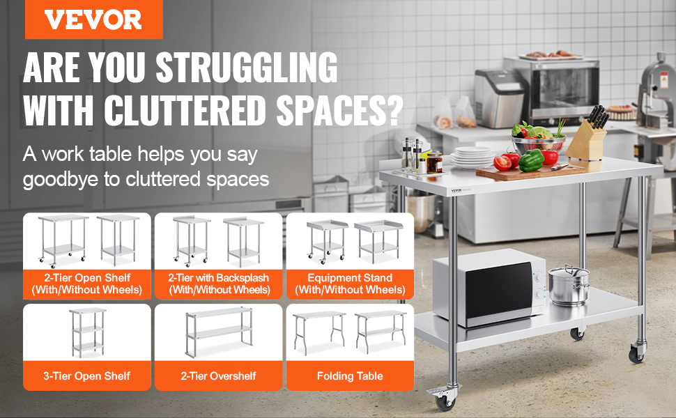 VEVOR stainless steel work table in kitchen with multiple shelving options and essential kitchen items.