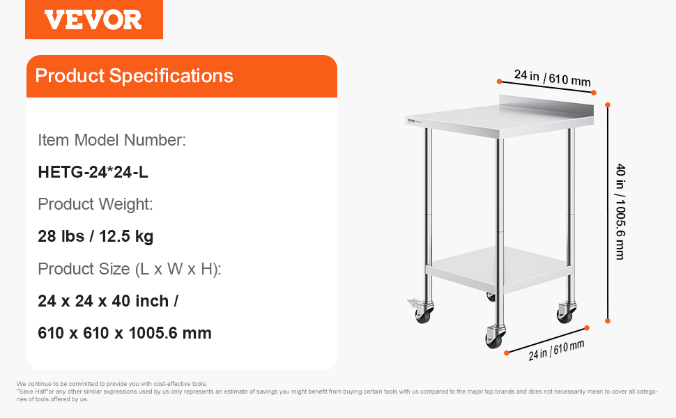 VEVOR stainless steel work table, 24x24x40 in, model hetg-24*24-l, 28 lbs, with casters and undershelf.