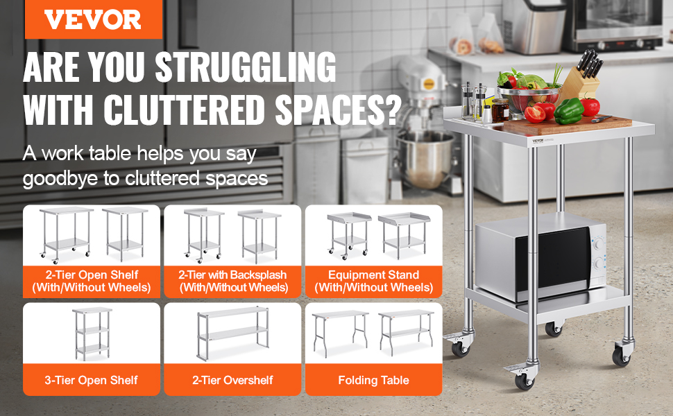 VEVOR stainless steel work table options with wheels in a clean kitchen environment, reducing clutter.