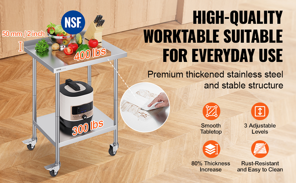 VEVOR stainless steel work table with adjustable levels, smooth tabletop, and 400 lbs capacity.
