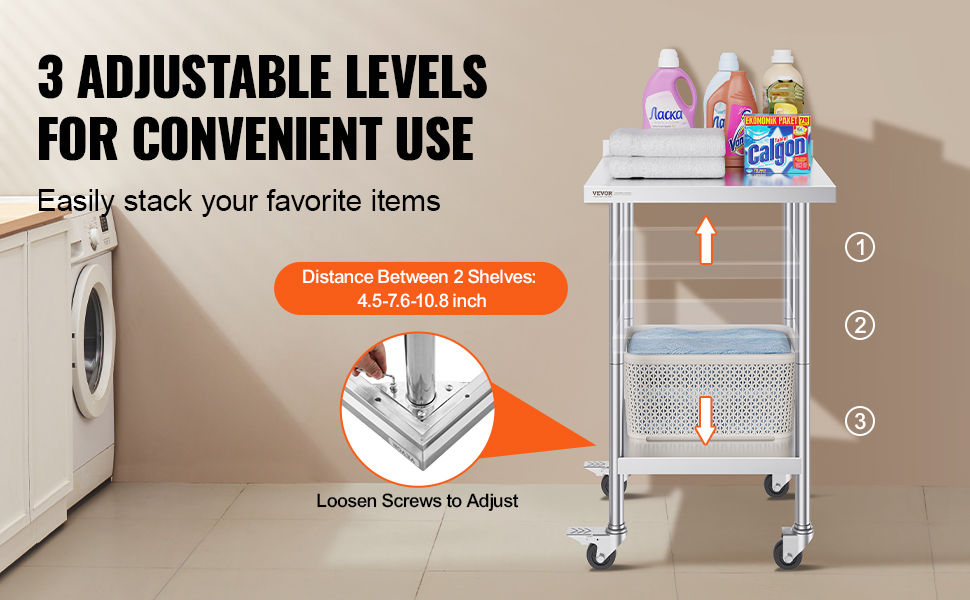 VEVOR stainless steel work table with adjustable shelves for convenient organization in laundry room.