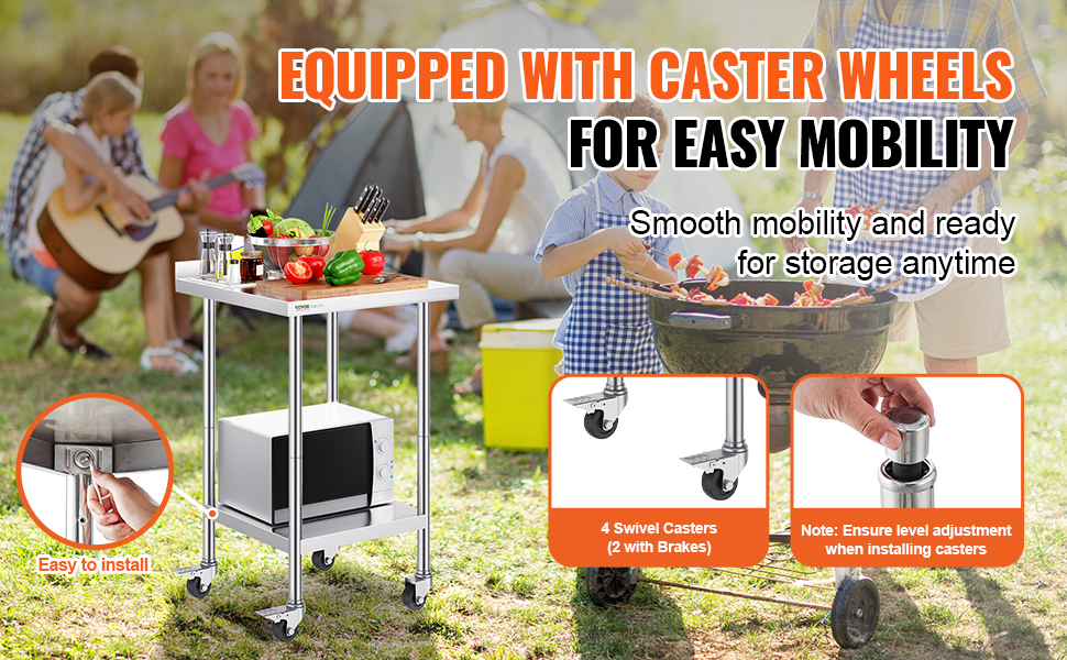 VEVOR stainless steel work table equipped with caster wheels, ideal for easy mobility and outdoor activities.