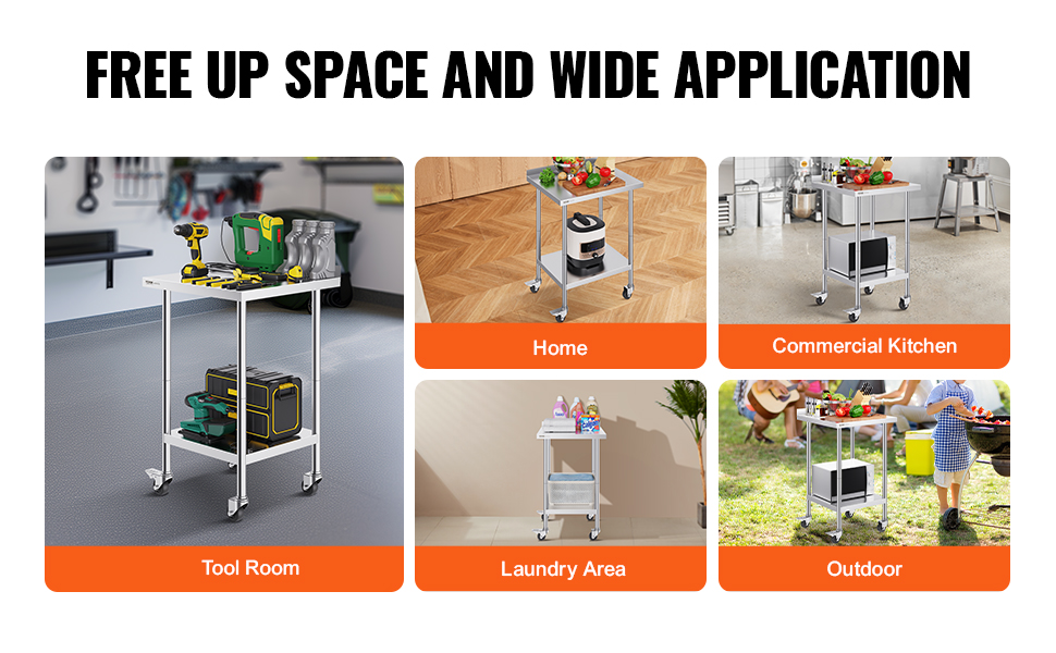 VEVOR stainless steel work table used in tool room, home, commercial kitchen, laundry, and outdoor settings.