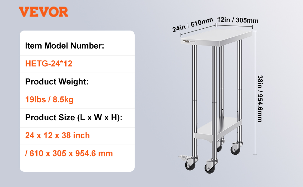 VEVOR stainless steel work table, model hetg-24*12, weighs 19lbs (8.5kg), size 24x12x38 in.