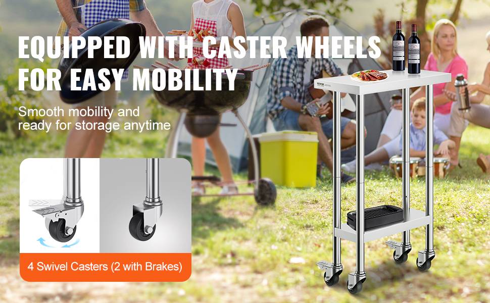 VEVOR stainless steel work table with caster wheels for easy mobility at an outdoor picnic setting.