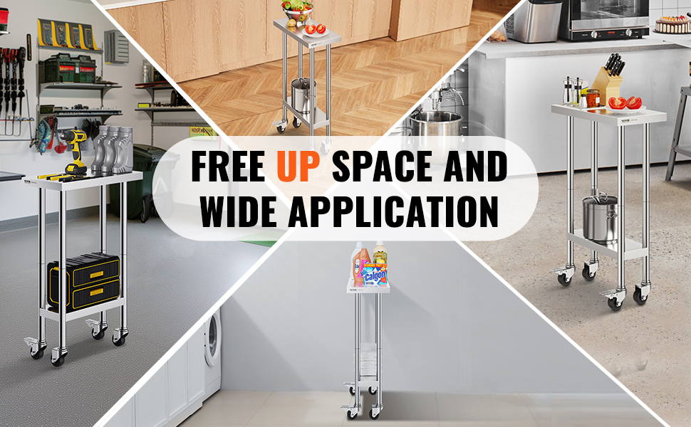 VEVOR stainless steel work table in various settings: kitchen, garage, laundry, and workshop.