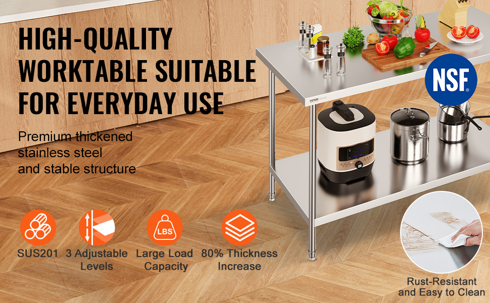 VEVOR stainless steel prep table with shelves, cookware, vegetables, and cleaning illustration.