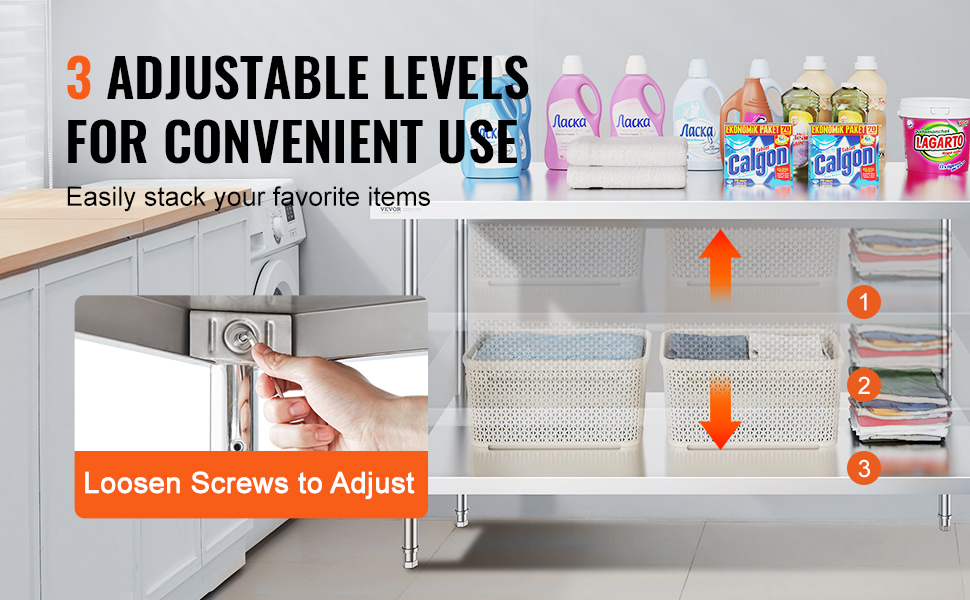 VEVOR stainless steel prep table with 3 adjustable levels for stacking items; shown in laundry room setup.