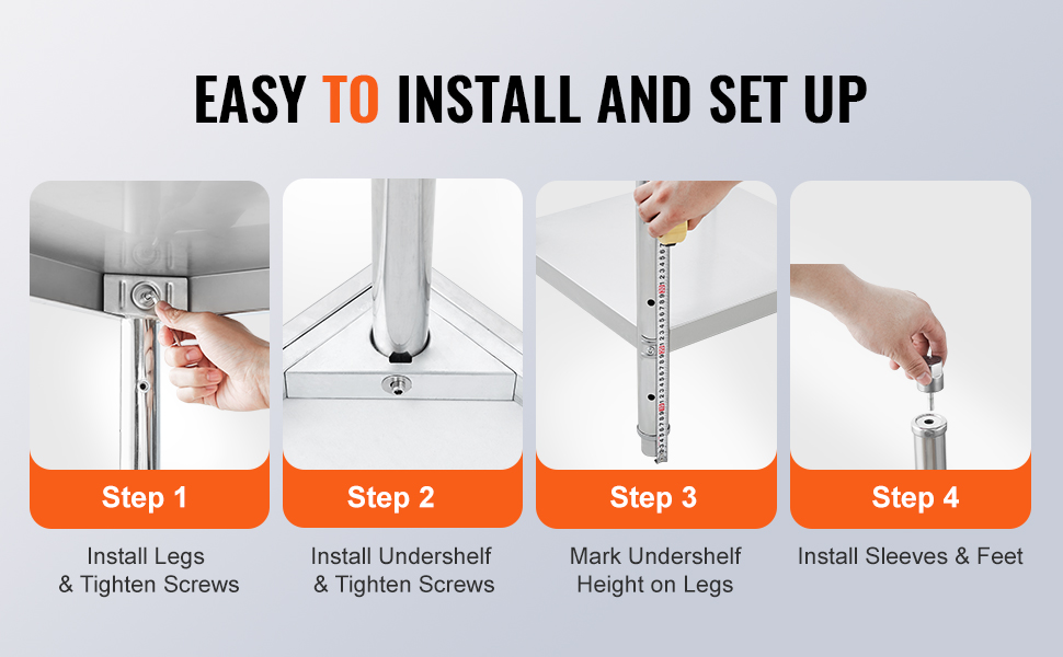 easy to install steps for VEVOR stainless steel prep table: install legs, undershelf, mark height, attach feet.