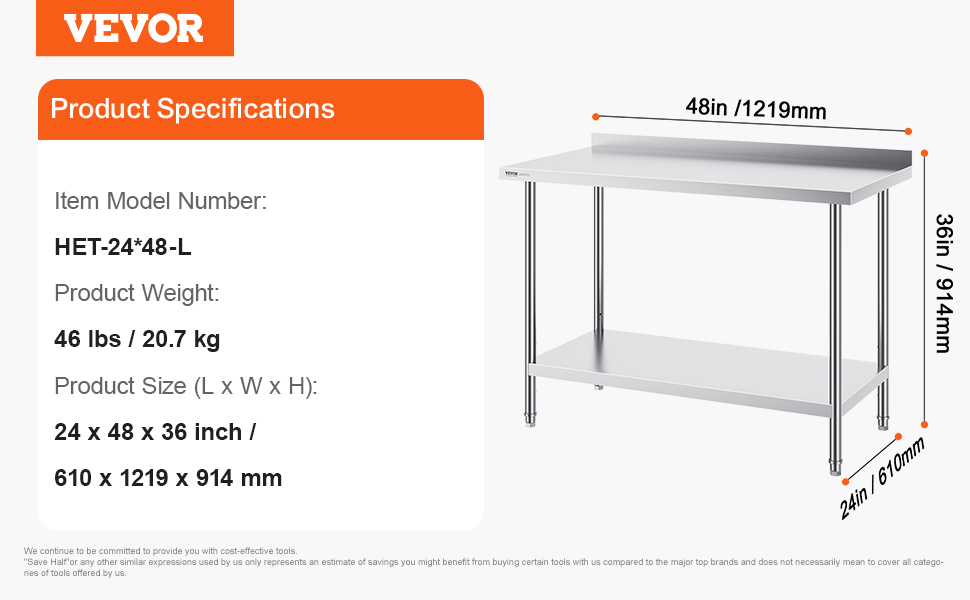 VEVOR stainless steel work table with dimensions and product specifications. model het-24*48-l.
