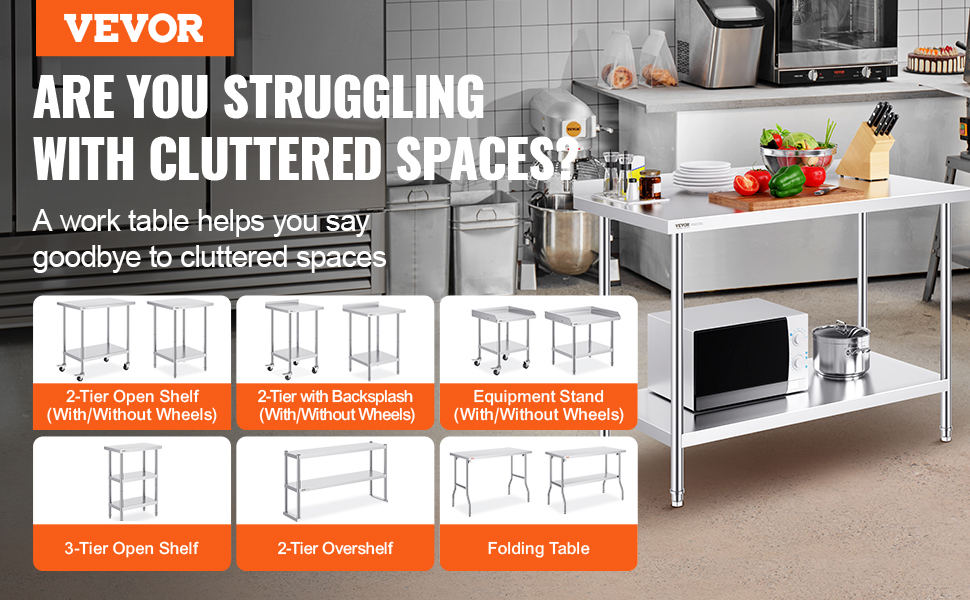 VEVOR stainless steel work table in commercial kitchen with various shelving options displayed beneath.