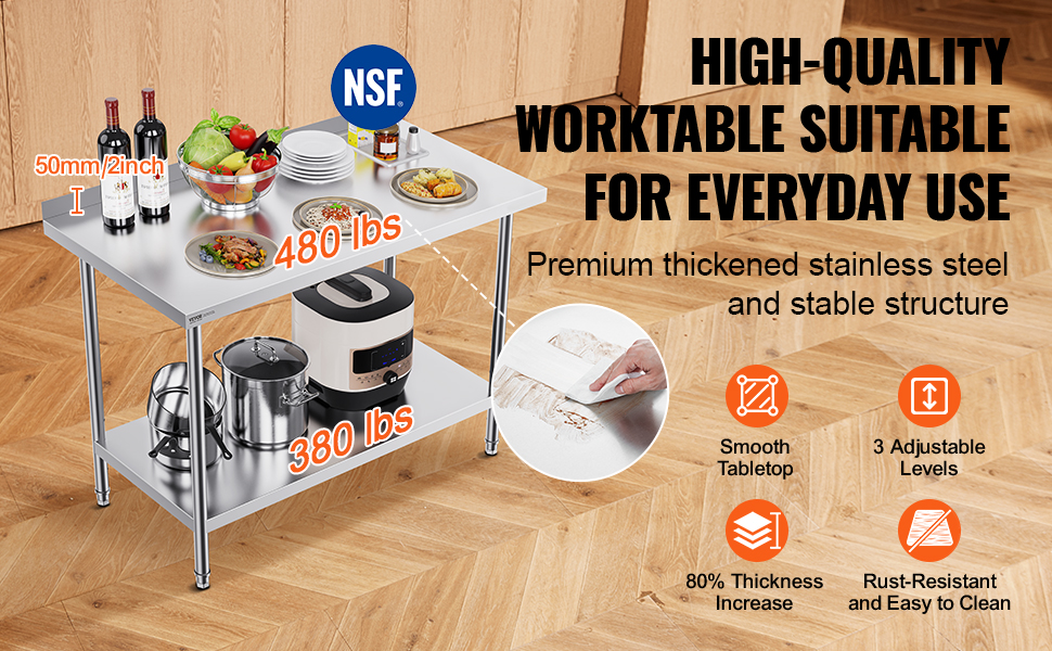 VEVOR stainless steel work table: 2-tier, holds up to 860 lbs, smooth, adjustable, rust-resistant, nsf certified.