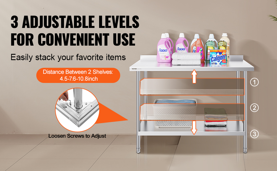 VEVOR stainless steel work table with 3 adjustable shelves, detergent bottles, and towels on top.