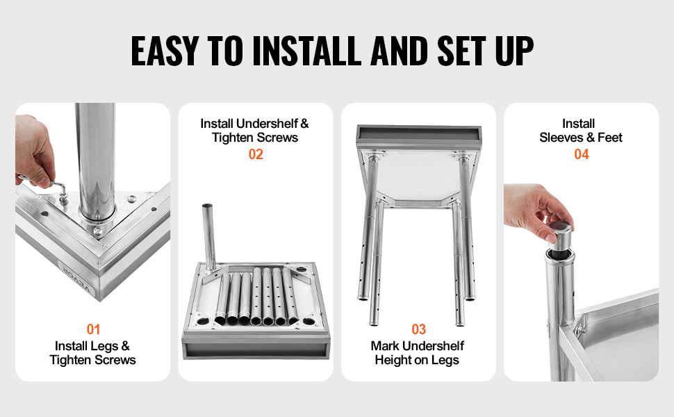 VEVOR stainless steel work table assembly steps: install legs, undershelf, mark height, and add sleeves.