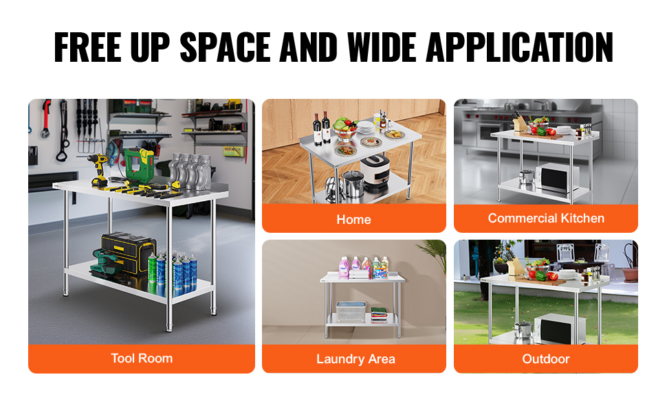 VEVOR stainless steel work table in tool room, home, commercial kitchen, laundry area, and outdoor use.