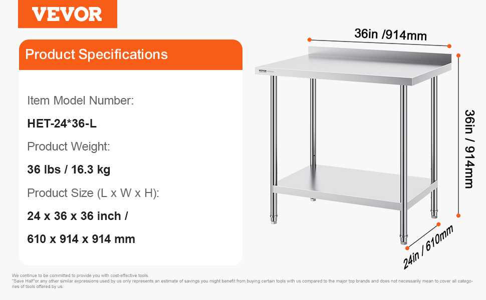 VEVOR stainless steel work table, model het-24*36-l, 36 lbs, 24x36x36 in / 610x914x914 mm.