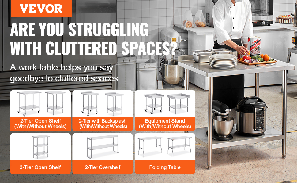chef using a VEVOR stainless steel work table in a commercial kitchen with storage options displayed.