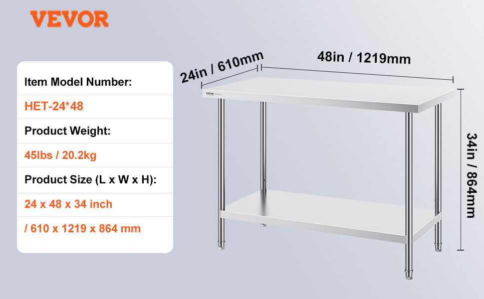 VEVOR stainless steel prep table, model het-24*48, 24 x 48 x 34 inches, 45lbs, dimensions labeled.