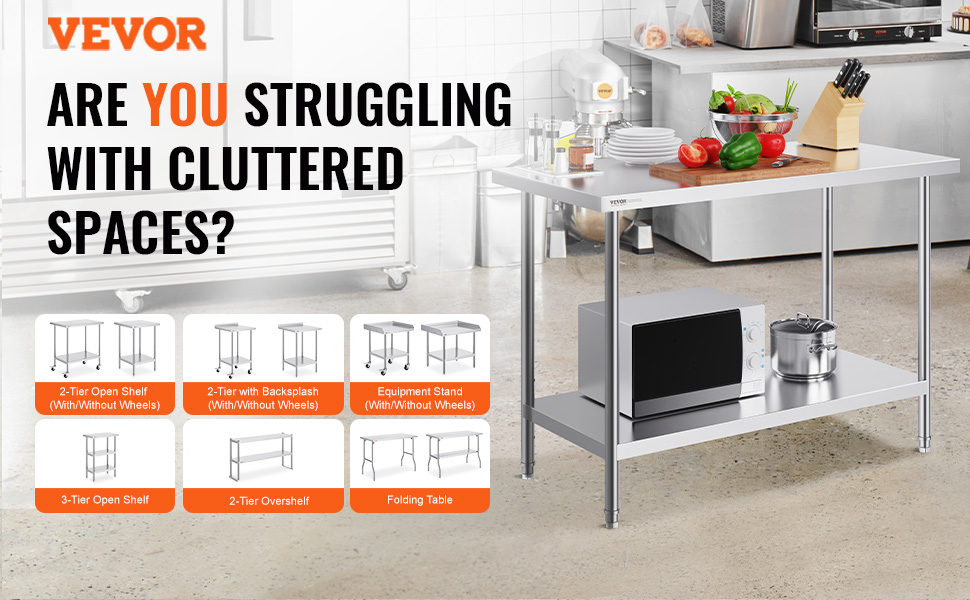 VEVOR stainless steel prep table with various shelving options for decluttering kitchen spaces.