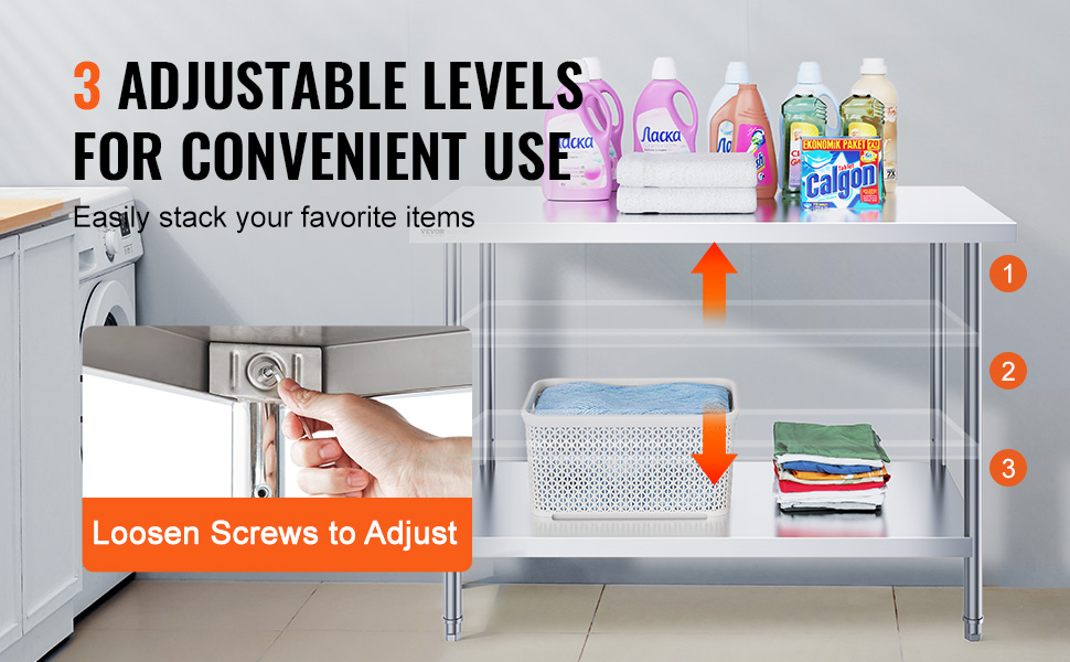 VEVOR stainless steel prep table with 3 adjustable levels for convenient use in a laundry room setting.