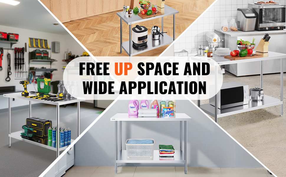 VEVOR stainless steel prep table in various settings: kitchen, workshop, laundry, and office.