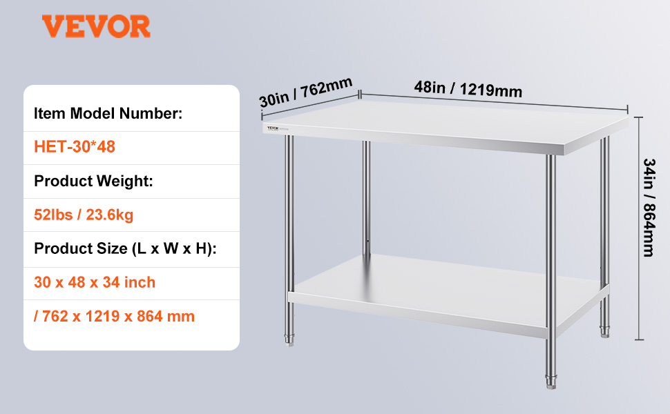 VEVOR stainless steel prep table, model het-30*48, 52lbs, 30 x 48 x 34 in, two-tier design.