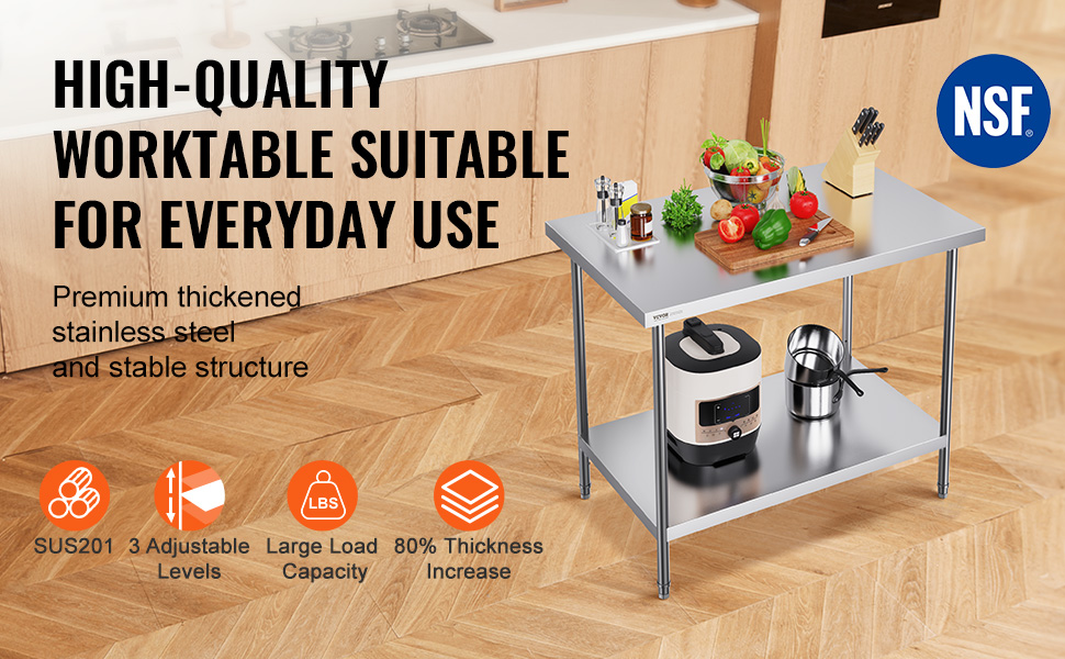 VEVOR stainless steel prep table with shelf in a kitchen, featuring nsf certification and culinary items.