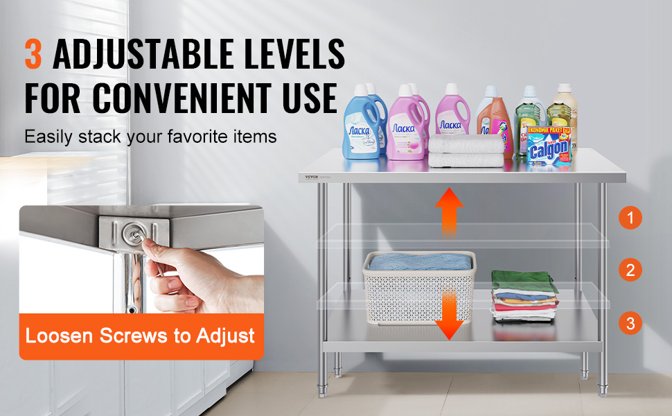VEVOR stainless steel prep table with 3 adjustable shelves holding cleaning supplies and folded clothes.