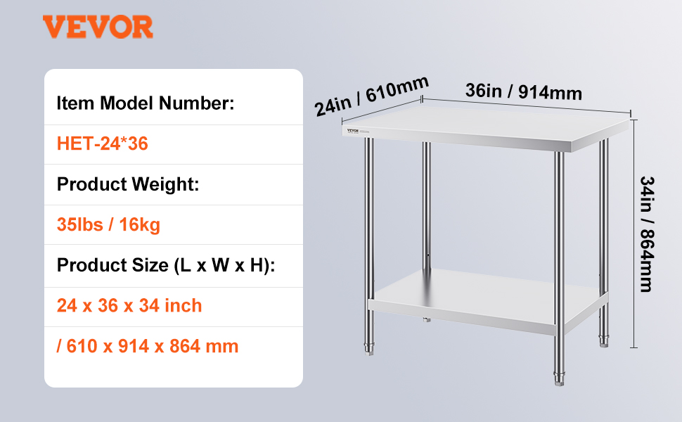 VEVOR stainless steel prep table, model het-24*36, 24x36x34 in, 35lbs, ideal for kitchen prep and storage.