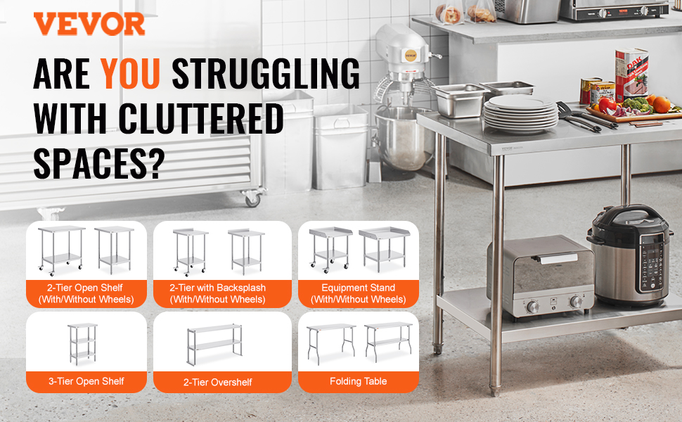 VEVOR stainless steel prep tables and equipment stands for clutter-free kitchen spaces.