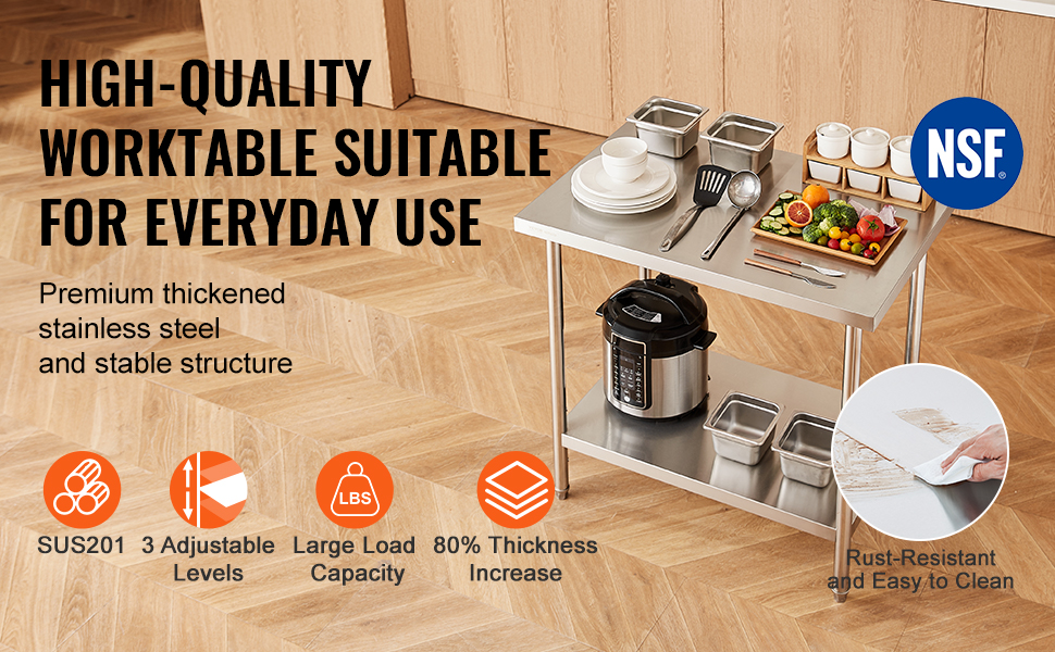 VEVOR stainless steel prep table with utensils, food containers, and kitchen tools, featuring durable structure.