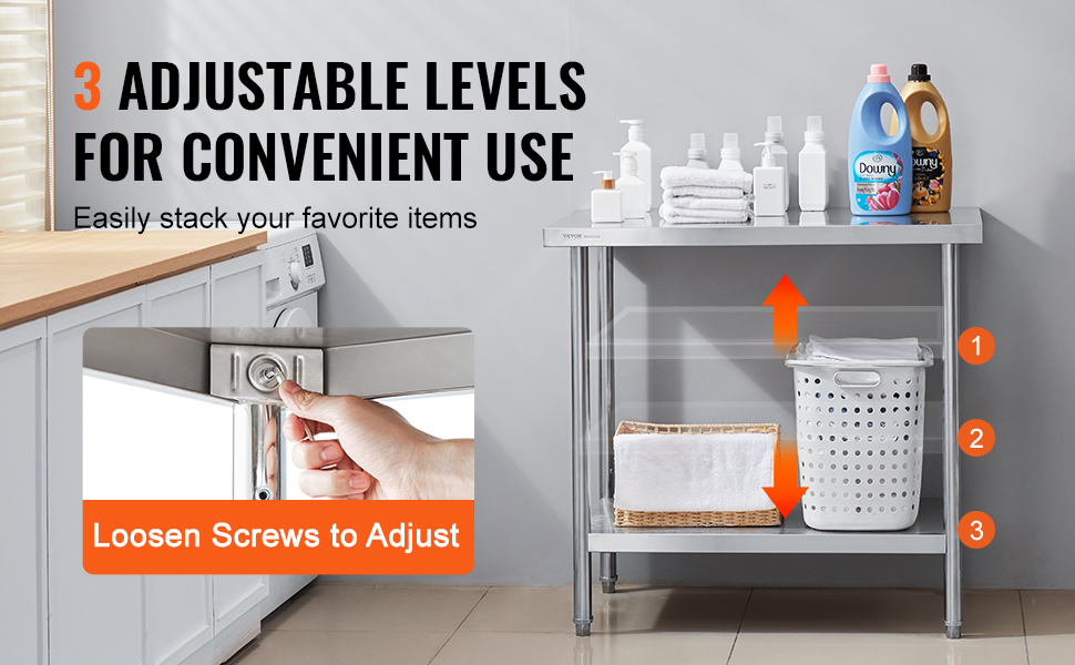 VEVOR stainless steel prep table with 3 adjustable shelves for convenient storage of household items.
