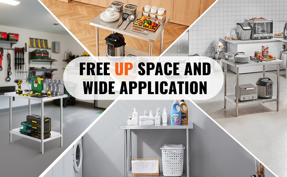 VEVOR stainless steel prep table in kitchen, workshop, laundry, and dining settings displaying versatility.