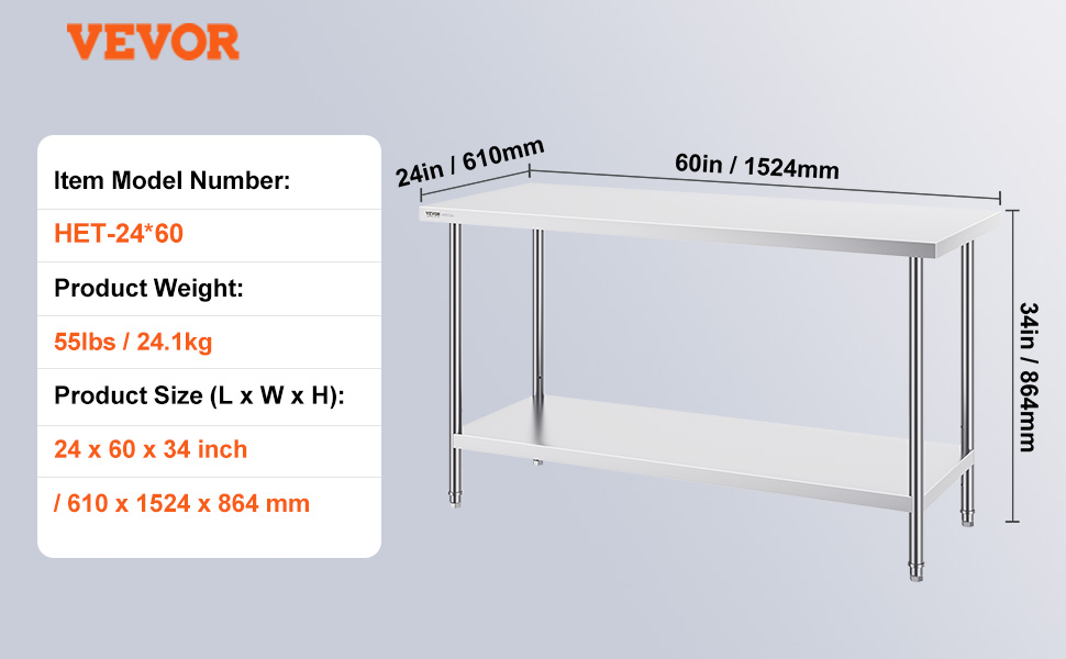 VEVOR stainless steel work table dimensions: 24x60x34 inches, weight: 55 lbs, model het-24*60.