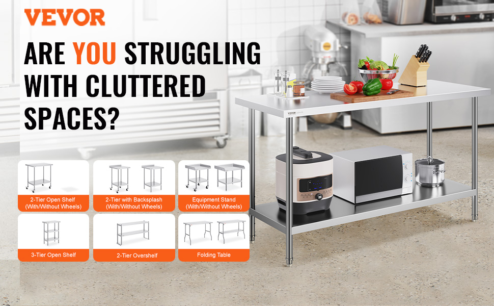 VEVOR stainless steel work table in a kitchen with various appliances and text highlighting clutter solutions.