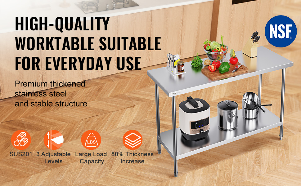 VEVOR stainless steel work table in modern kitchen with appliances, cutting board, and vegetables.