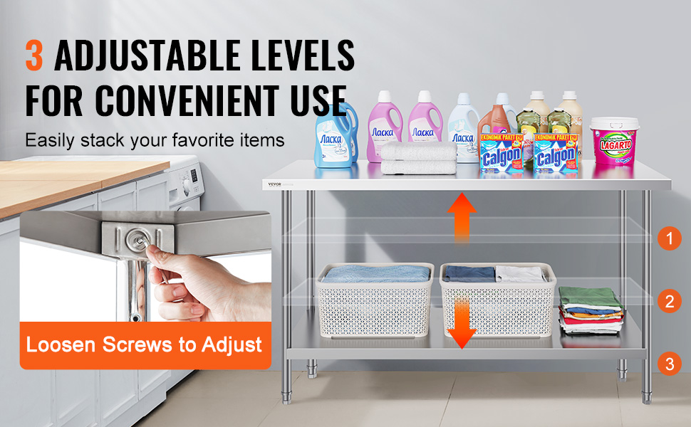 VEVOR stainless steel work table with three adjustable levels for convenient use in organizing items.