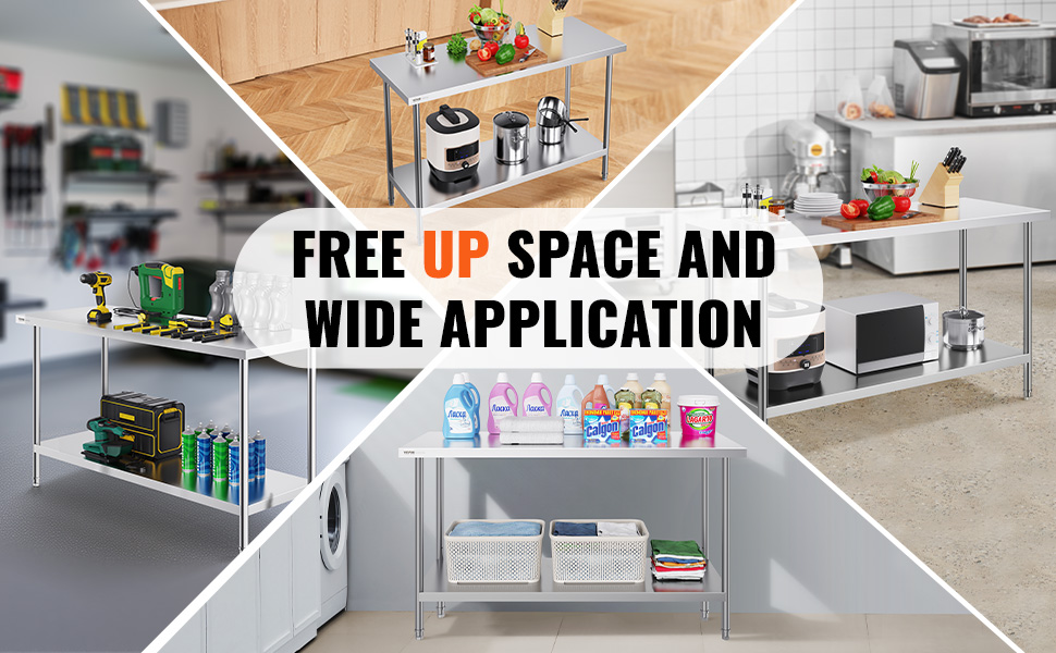 free up space and wide application with VEVOR stainless steel work table for kitchen, laundry, and garage.