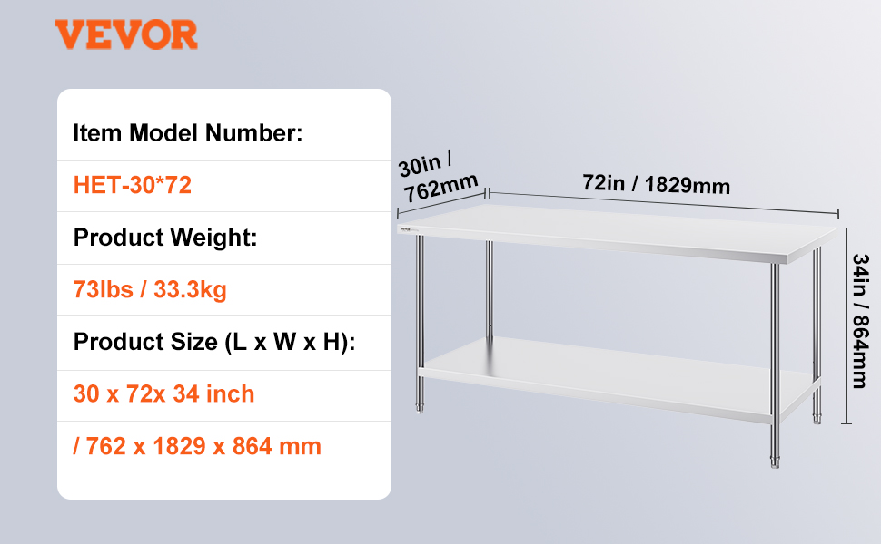 VEVOR stainless steel prep table het-30*72, 73lbs, 30x72x34 inches, sleek and sturdy kitchen workbench.