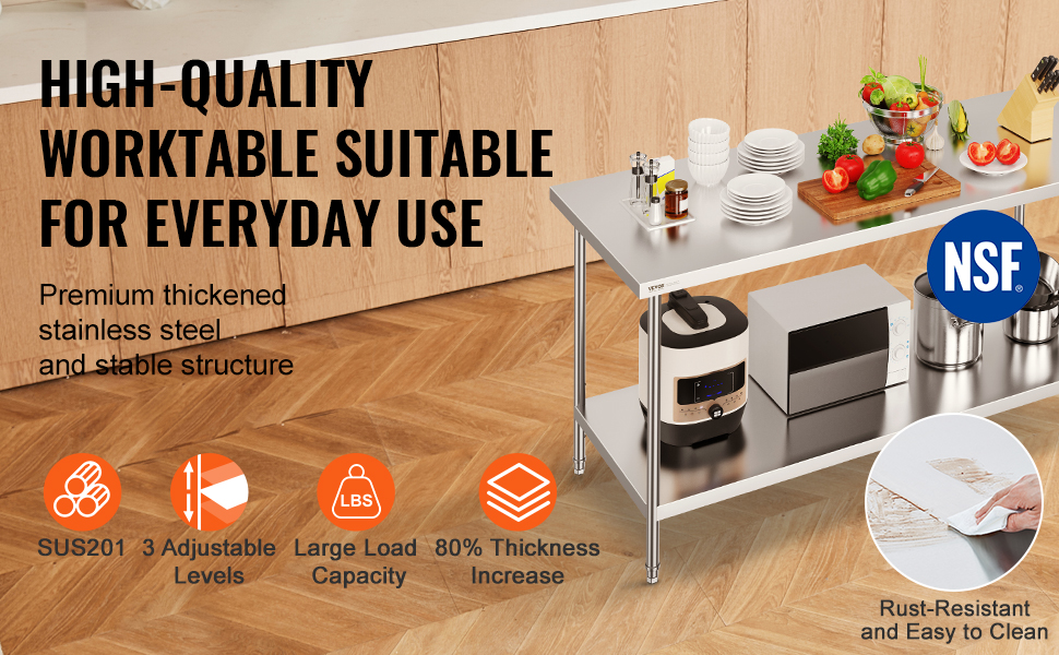VEVOR stainless steel prep table with utensils, microwave, and cutting board in a modern kitchen.