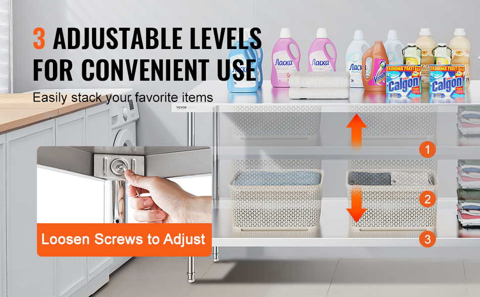 VEVOR stainless steel prep table with 3 adjustable levels for convenient storage and organization.