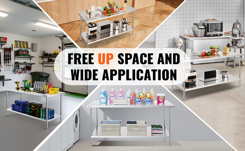 VEVOR stainless steel prep table in various environments, showcasing organization and versatility.