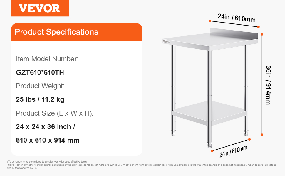 VEVOR stainless steel work table product specifications, 24x24x36 inches, 24 lbs, model gzt610*610th
