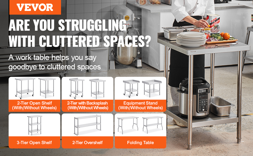 VEVOR stainless steel work table in kitchen with chef, showcasing various table options and storage solutions.