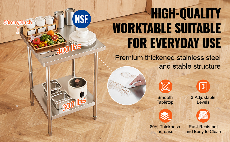 VEVOR stainless steel work table with 400 lbs capacity on top, 300 lbs on bottom shelf, smooth tabletop.