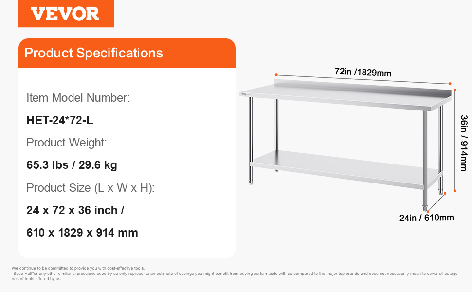 VEVOR stainless steel work table specifications: model het-24*72-l, 65.3 lbs, 24x72x36 in, 610x1829x914 mm.