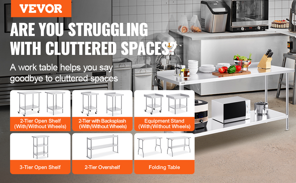 VEVOR stainless steel work table in kitchen with various models, shelves, and equipment options displayed.