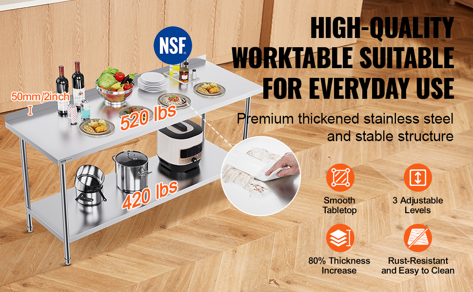 VEVOR stainless steel work table with dual shelves, supports up to 520 lbs, nsf certified, rust-resistant.