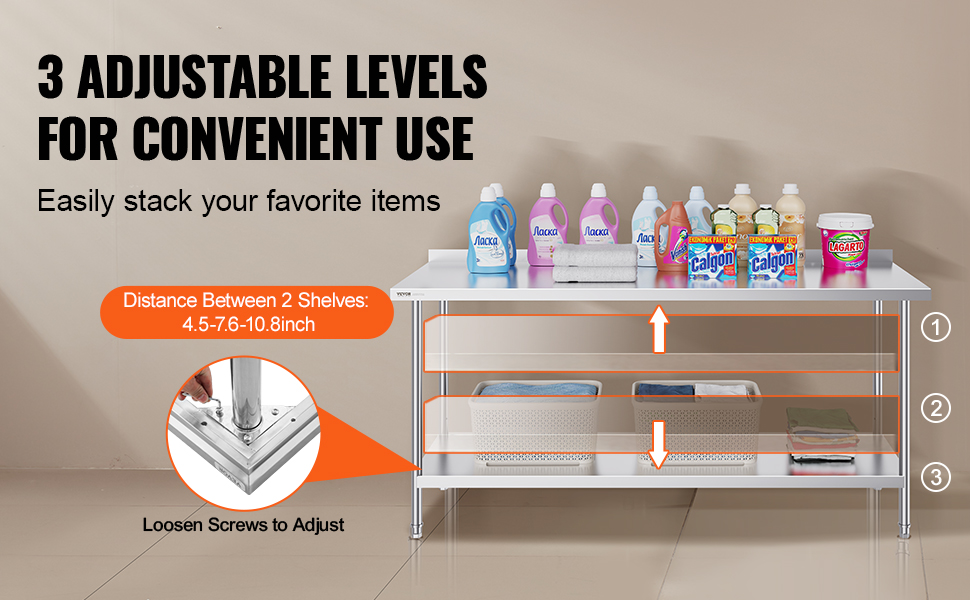 VEVOR stainless steel work table with 3 adjustable shelves for organized storage of cleaning supplies.