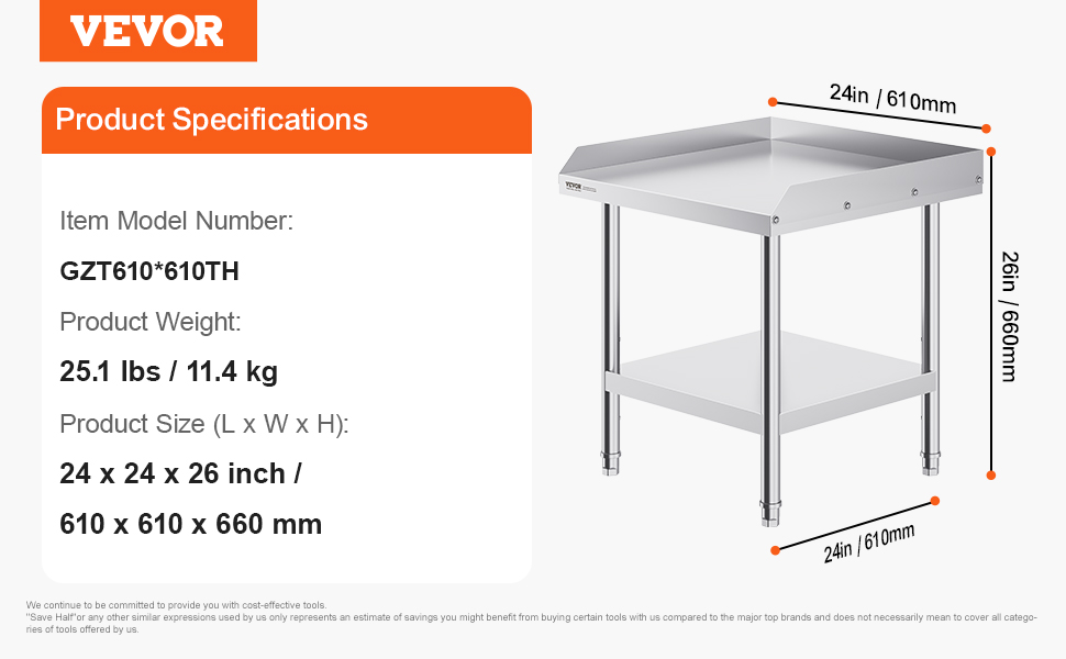 VEVOR stainless steel work table, 24 x 24 x 26 inch, 25.1 lbs, model gzt610*610th.
